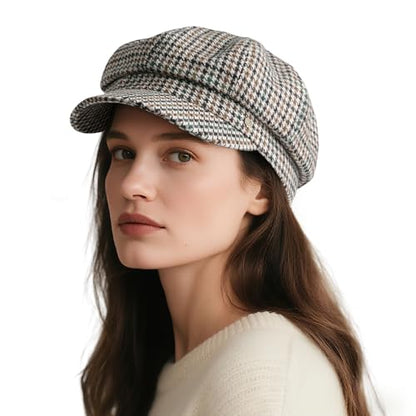 VOBOOM 8 Panel Wool Tweed Newsboy Gatsby Ivy Cap Golf Cabbie Driving Hat - color: Houndstooth Coffee