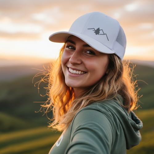 LINDO Trucker Hat [ Great Outdoors Design ] for Men and Women: Mid Profile Cap with Breathable Mesh Back and Adjustable Snap - color: White