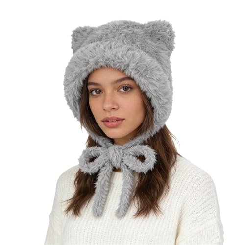 PENINSULA LOVE Winter Bear Ears Beanie Hat for Women Faux Fur Trapper Hat Sherpa Ear Flaps Peruvian Cap Fuzzy Warm Snow Cap - color: Grey