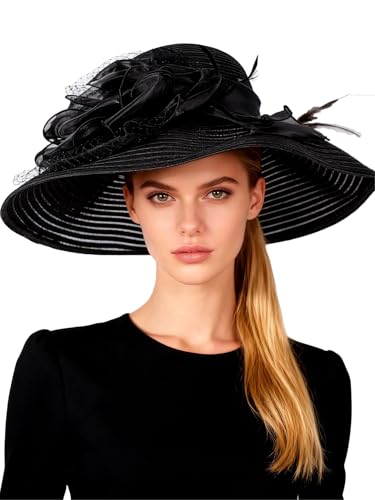 Vintage Fascinators Pillbox Hat for Women Straw Fedora Wide Brim Ladies Church Sinamay Derby Hats - color: Black 2