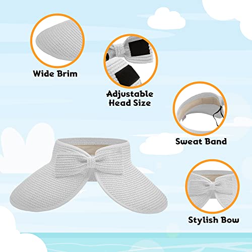 Straw Sun Visor for Women, Wide Brim UPF 50+ Protection Beach Hat, Adjustable, Roll Up Foldable Ponytail Cap with Chin Strap - color: White