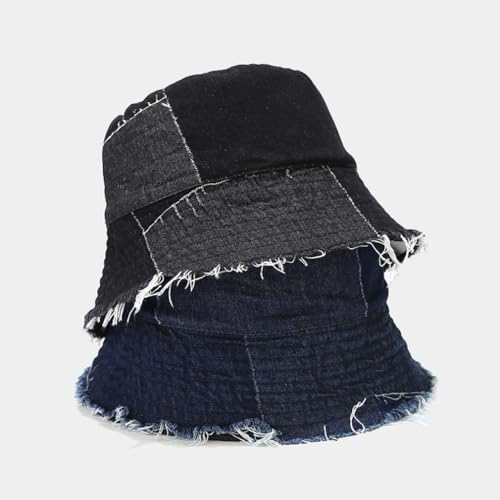 Quanhaigou Frayed Unisex Sun Hats, Fashion Beach Bucket Hat for Men Women,Summer Outdoor Boy's Girls Boonie Cap - color: Irregular Denim Black