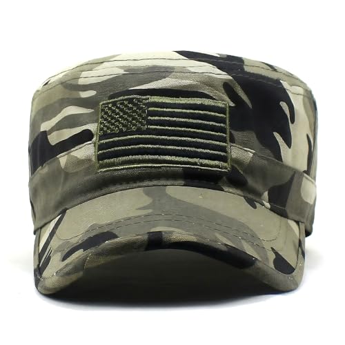 Cadet Army Cap for Men Women Military Adjustable Unisex Flat Top Hat - color: Flag Camo Green