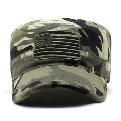 Cadet Army Cap for Men Women Military Adjustable Unisex Flat Top Hat - color: Flag Camo Green