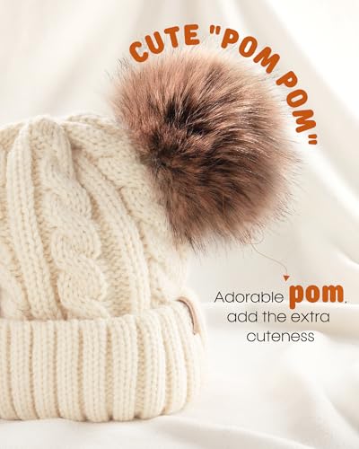 FURTALK Toddler Winter Hat Knit Beanie Double Faux Fur Pompoms Girls Boys - color: Beige, size: 2-6 Years