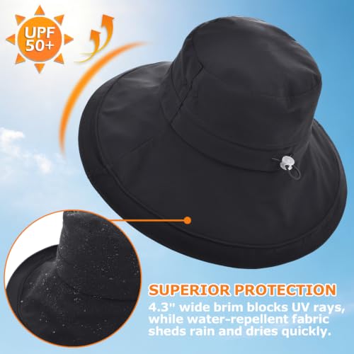 Women's UPF 50+ Waterproof Wide Brim Sun Bucket Hat with Ponytail Hole - color: Black