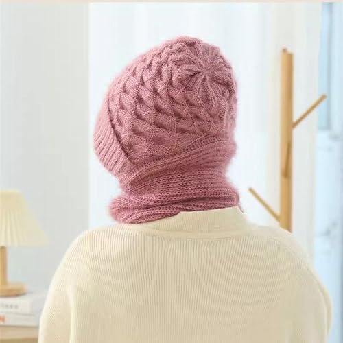 Women Winter Warm Elastic Soft Ear Protection Knitted Scarf Hat Fleece Lined Beanie Hat - color: Pink