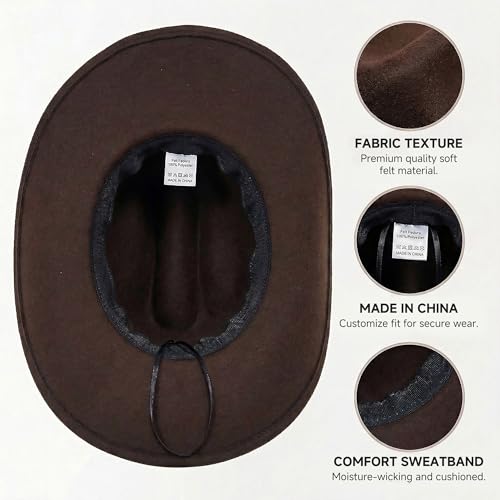 Western Cowboy Hat for Women, Shapable Wide Brim Felt Cowgirl Hat with 2 Bands for Party Festival - color: Brown