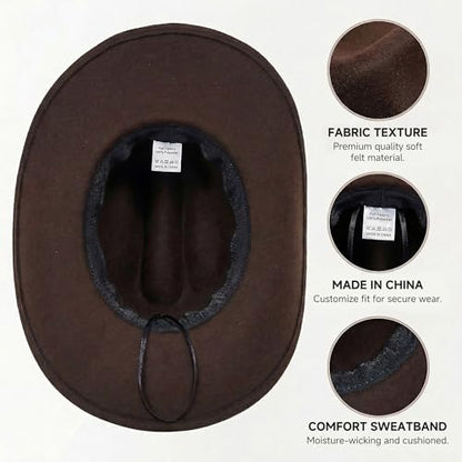 Western Cowboy Hat for Women, Shapable Wide Brim Felt Cowgirl Hat with 2 Bands for Party Festival - color: Brown