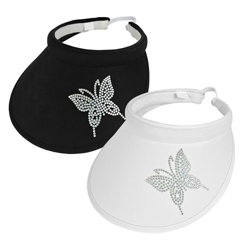 2 Pack Sun Visors Women Wide Brim Clip on Summer Hats Adjustable UV Protection - color: Butterfly-black,white