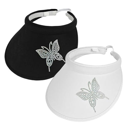 2 Pack Sun Visors Women Wide Brim Clip on Summer Hats Adjustable UV Protection - color: Butterfly-black,white