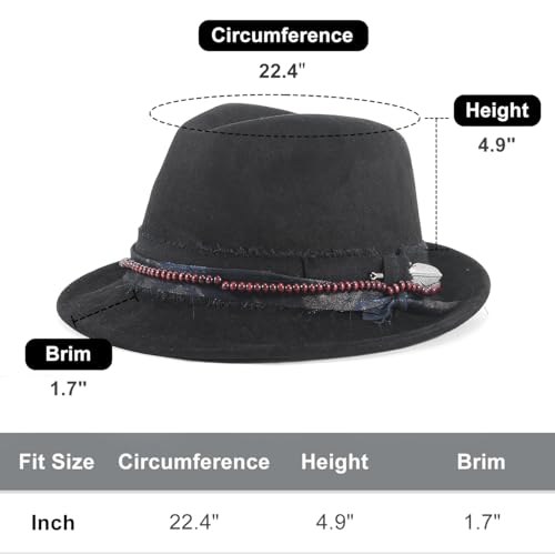 Fedora Trilby Hats for Men Women Handmade 1920s Classic Short Brim Hat with Feathers Unisex - color: Black