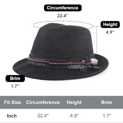 Fedora Trilby Hats for Men Women Handmade 1920s Classic Short Brim Hat with Feathers Unisex - color: Black