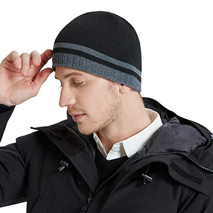 Mens Winter Beanie Hat Warm Knit Cuffed Plain Toboggan Ski Skull Cap (3 Patterns) - color: Black