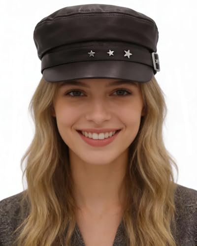 BOLLEY JOSS Womens Fashion Newsboy Cap Faux Leather Bakerboy Hat Stars Buckle Beret Paperboy Fiddler Captain Sailor Hats - color: Brown