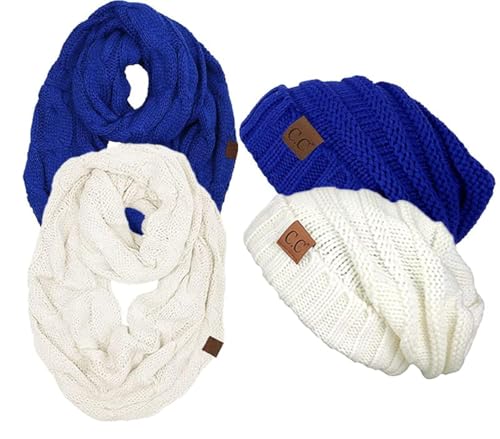 Funky Junque Slouchy Beanie & Infinity Scarf Gift Set – Matching Winter Accessories Sets for Women, Oversized Hat and Scarves - color: 2 Pack: Ivory & Royal Blue