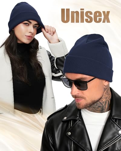 Satin Lined Beanie for Women Men, Cotton Knit Winter Beanies Hat - color: Navy Blue