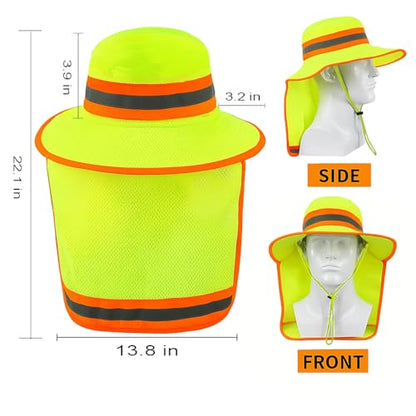 Men High Visibility Reflective Work Safety Sun Hat with Neck Flap Wide Brim Boonie UV Protection - color: 2pcs (Orange+lime)