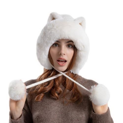 Outdoor Warm Earflap Beanie Hat with Brim Baseball Slouchy Knitted Visor Skull Caps for Women Men Black - color: White