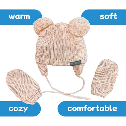 Knitted Colorful Double Pom-Pom Baby Hat and Mittens Set|Warm Winter Newborn Essentials for Boys and Girls 0-6 Months - color: Pink
