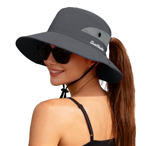 ZOORON Women's Ponytail Safari Sun Hat,Wide Brim UV Protection Bucket Hat - color: 1-grey