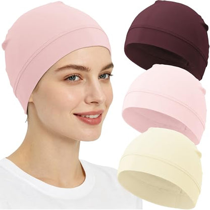 3-Pack 100% Cotton Skull Cap for Men Women Helmet Liner Caps - color: 3pcs-beige,pink,wine Red