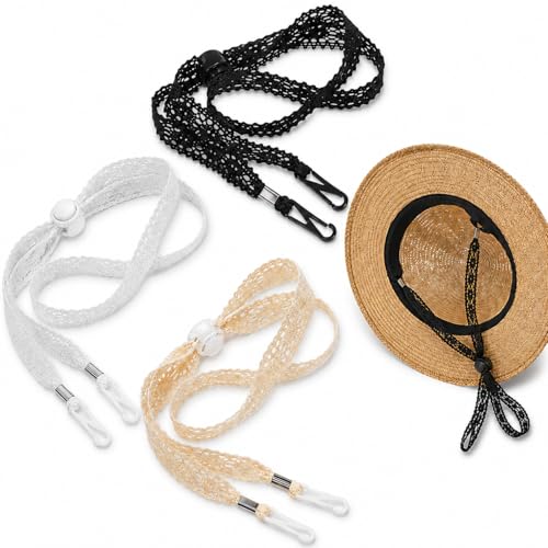3PCS Adjustable Hat Straps for Wind, Lace Chin Cords with Clips, Windproof Sun Hats Keeper String Replacement Lace Straps in Black, White, Beige for Women's Outdoor Beach Hats Golfing, Fishing