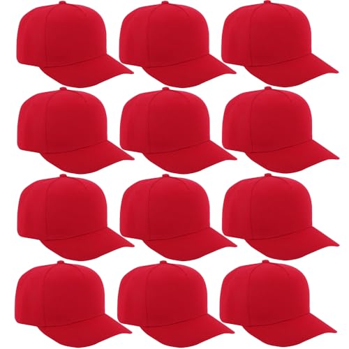 12 Pack Seamless Baseball Caps Wholesale Bulk - No Center Seam, DIY Friendly, Adjustable Breathable Lightweight for Men Women - color: Red