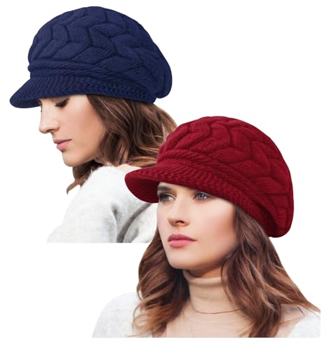 YSense 2 Pack Womens Winter Hats Warm Knit Beanie with Visor - color: Navy Blue Red