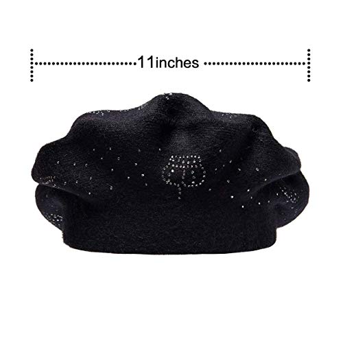 LADYBRO Rhinestone Beret Hats for Women 2 Layers Wool Knit Cap Lady Winter - color: Black-top Rhinestones