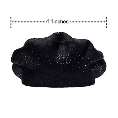 LADYBRO Rhinestone Beret Hats for Women 2 Layers Wool Knit Cap Lady Winter - color: Black-top Rhinestones