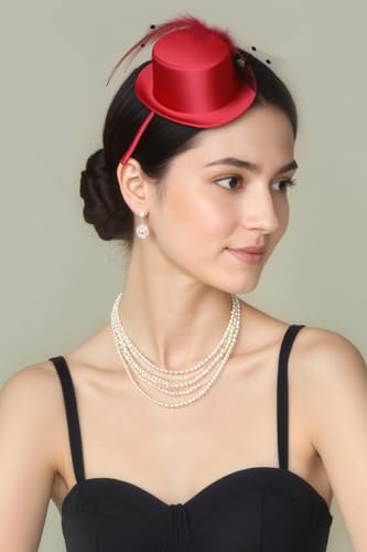 BABEYOND Mini Top Fascinators Hats for Women Feather 1920s Costume Hat - color: Wine Red