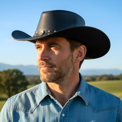RESISTANCE Premium Australian Style Leather Cowboy Hat | Shapeable Outback Hat for Men and Women - color: Black, size: X-Large