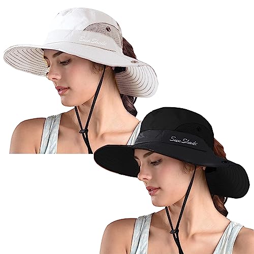 ZOORON Women's Ponytail Safari Sun Hat,Wide Brim UV Protection Bucket Hat - color: 2-black+purebeige