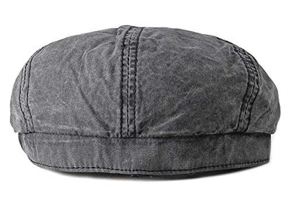 Mens 8 Panel Washed Cotton Newsboy Cap, Outdoor Sun Protection Flat Cap - color: Black
