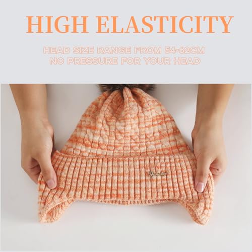 FENELY Women's Knitted Warm Beanie Winter Hat, Warm Chunky Snow Hat with Pompom - color: Orangespacedye
