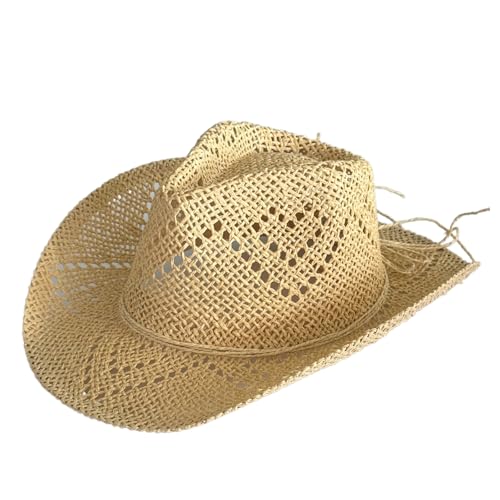 Straw Cowboy Cowgirl Hats for Women Men Shapeable Short Brim Beach Hat Western Sun Hats for Rodeo Country Party - color: Beige