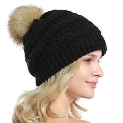 Women Knit Slouchy Beanie Chunky Baggy Hat with Faux Fur Pompom Winter Soft Warm Ski Cap - color: A2-black 2
