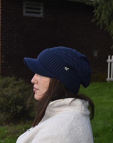 C.C Fuzzy Fleece Lined Warm Oversized Chunky Soft Stretchy Oversized Two Way Ribbed Slouchy Knit Hat with Visor Brim - color: Navy Blue