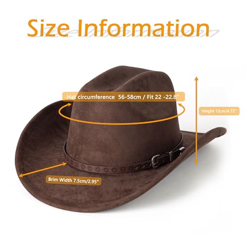 Western Cowboy Hat for Women Men Retro Suede Hat - color: Coffee-small Flower Belt
