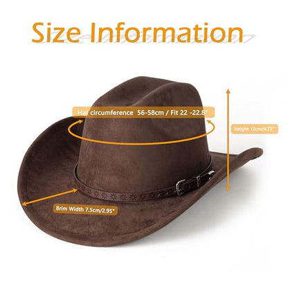Western Cowboy Hat for Women Men Retro Suede Hat - color: Coffee-small Flower Belt