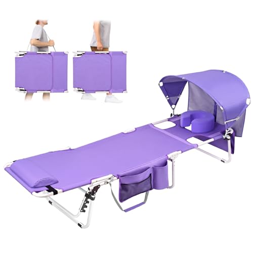 Oversized Extra Wide Tanning Chair with Sun Canopy Face Hole Padded Adjustable Washable, Heavy Duty Layout Folding Lounge Chair for Outside Beach Reading Sunbathing, UPF 50+, XL, Plus Size, 330 LBS - color: Purple, size: Oversized
