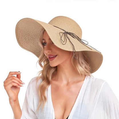Beach Hats for Women, Straw Sun Hat Floppy Wide Brim, Foldable UPF 50+ UV Protection Summer Hat - color: Khaki
