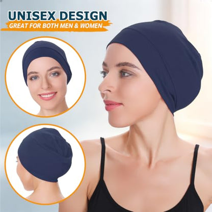 Headshion 100% Cotton Skull Caps Beanie Sleeping Hats for Men Women - color: 4 Black & Grey & Navy Blue & Denim Blue