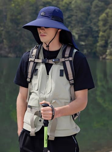 HUAMULAN Women Wide Brim Summer Sun Hat Ponytail Hole with Neck Flap - color: Navy With Black Mesh