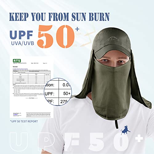 Outdoor Sun Hat for Men Women UPF 50+ Fishing UV Hat with Neck Flap Face Cover for Sun Protection - color: Army Green-regular Brim
