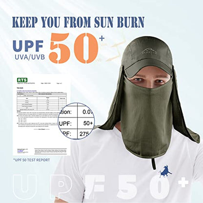 Outdoor Sun Hat for Men Women UPF 50+ Fishing UV Hat with Neck Flap Face Cover for Sun Protection - color: Army Green-regular Brim