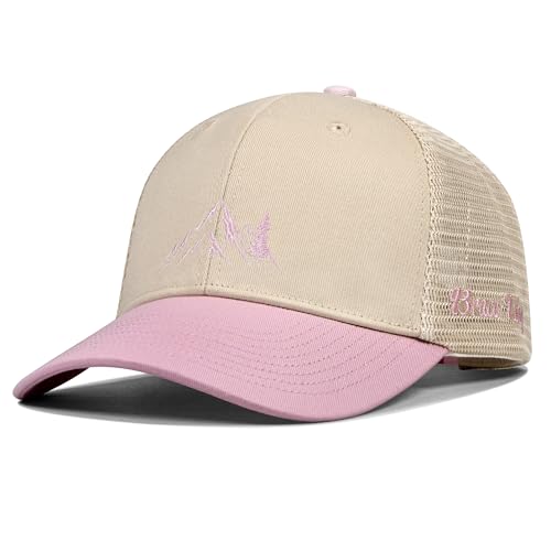 Mountain & Tree Outdoor Trucker Hat for Men Women, Embroidery Gift Baseball Cap for Hiking & Camping - color: 07.pink-beige, size: Small