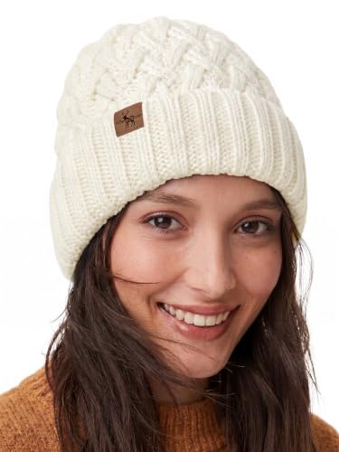Winter Hats for Women Cable Knit Chunky Skull Cap Fleece Lined Thick Fold Cuff Beanie hat - color: White, style: Pineapple