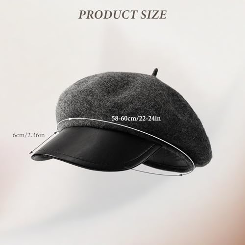 Andiker Beret Hats for Women, Warm Wool Blend and PU Leather Newsboy Hat, Fashion Vintage Ladies Winter Hat - color: Grey